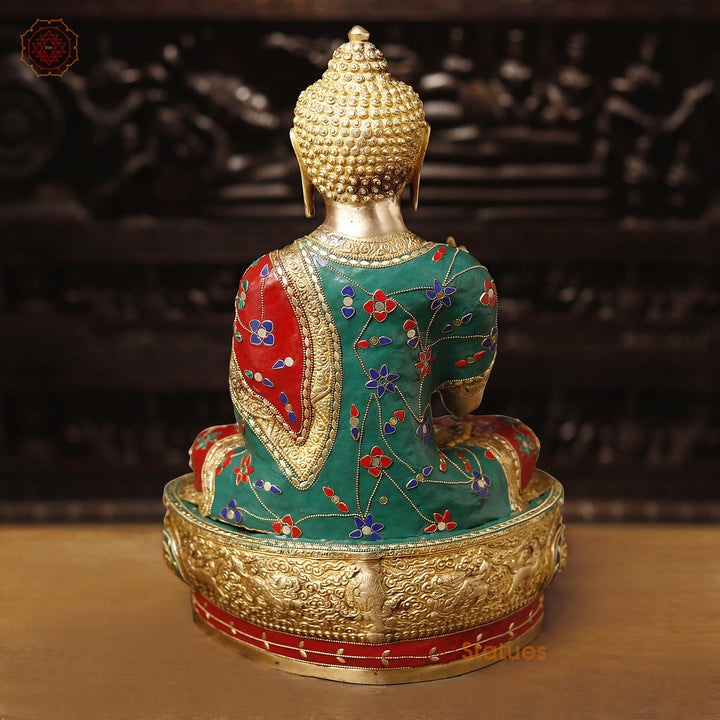 Brass Buddha Seated In Blessing Posture with Stone Work 20.5"