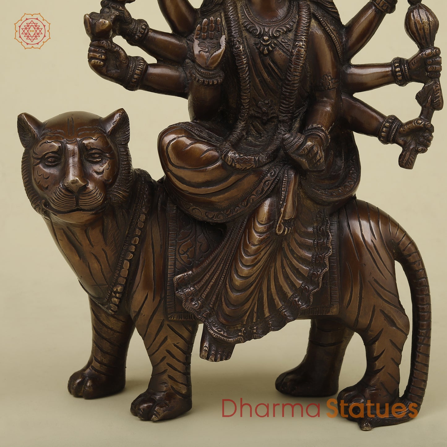 Brass Durga with 8 Arms, Copper Finish, 12.5"