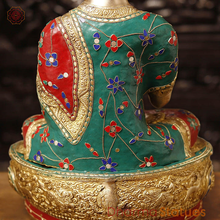 Brass Buddha Seated In Blessing Posture with Stone Work 20.5"