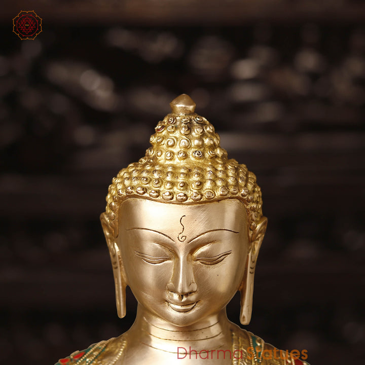 Brass Buddha Seated In Blessing Posture with Stone Work 20.5"