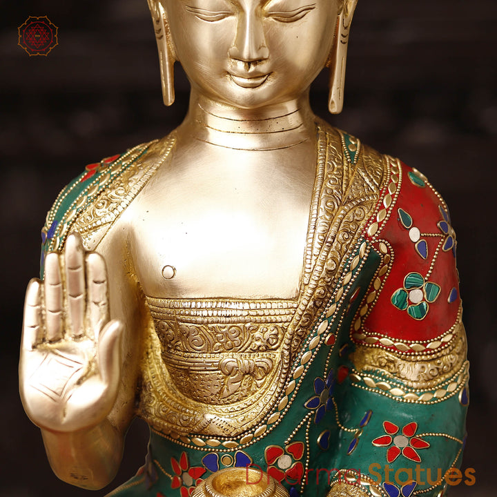 Brass Buddha Seated In Blessing Posture with Stone Work 20.5"