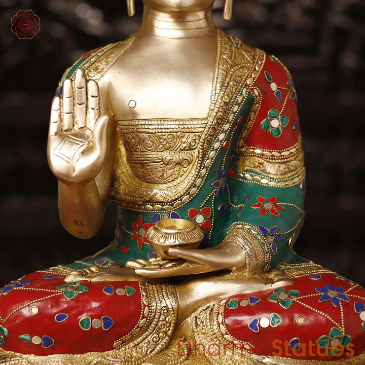 Brass Buddha Seated In Blessing Posture with Stone Work 20.5"