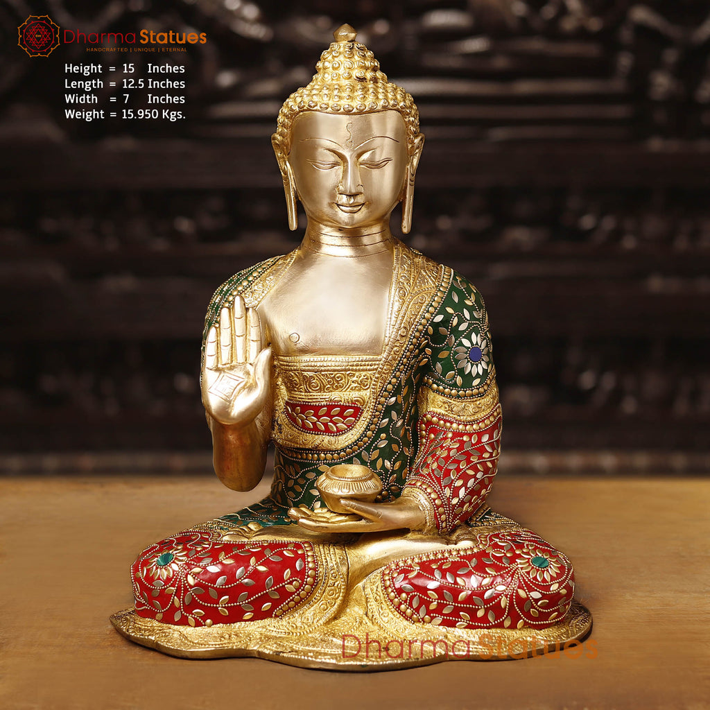 Brass Buddha Statue, seated, fine Golden and stone work 15"