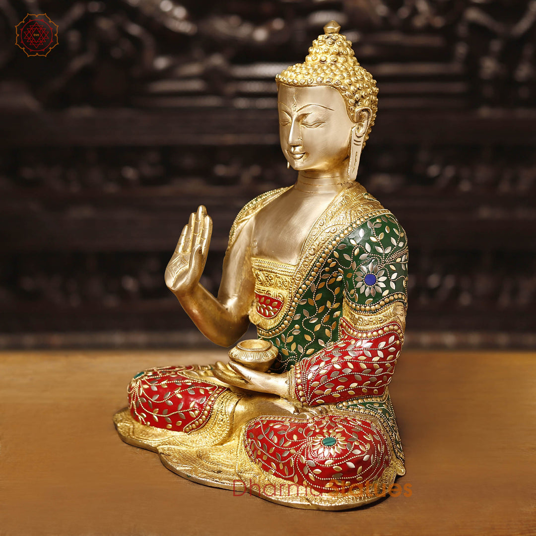 Brass Buddha Statue, seated, fine Golden and stone work 15"