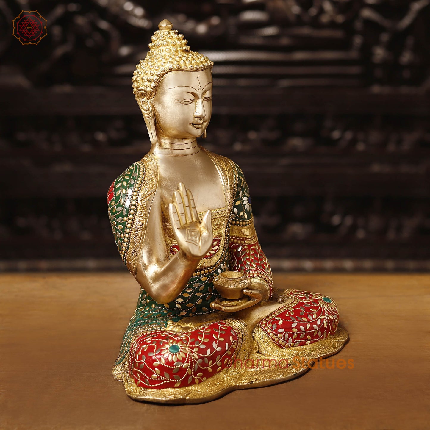 Brass Buddha Statue, seated, fine Golden and stone work 15"