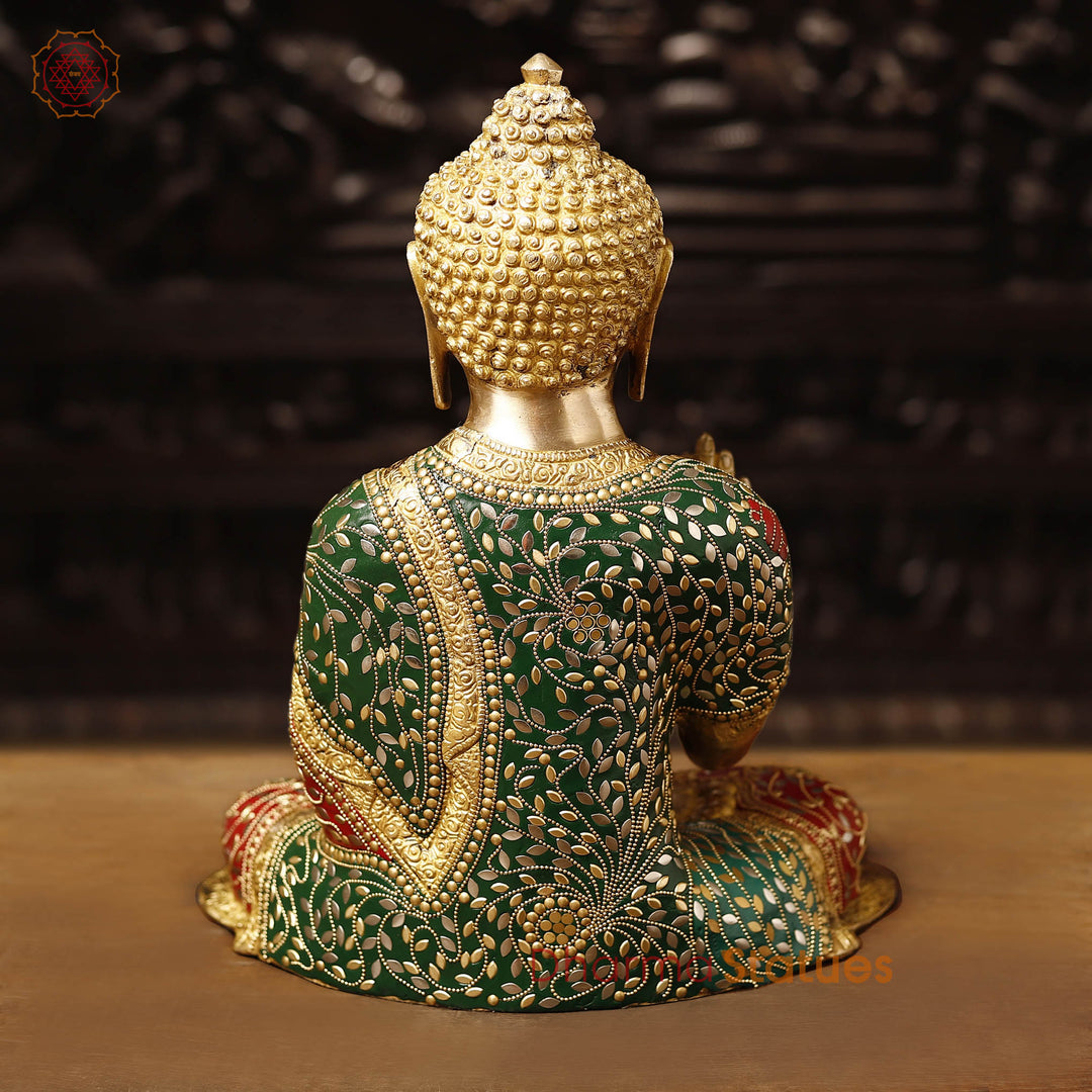 Brass Buddha Statue, seated, fine Golden and stone work 15"