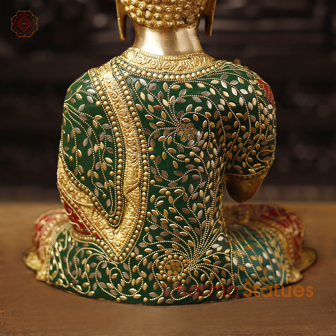 Brass Buddha Statue, seated, fine Golden and stone work 15"