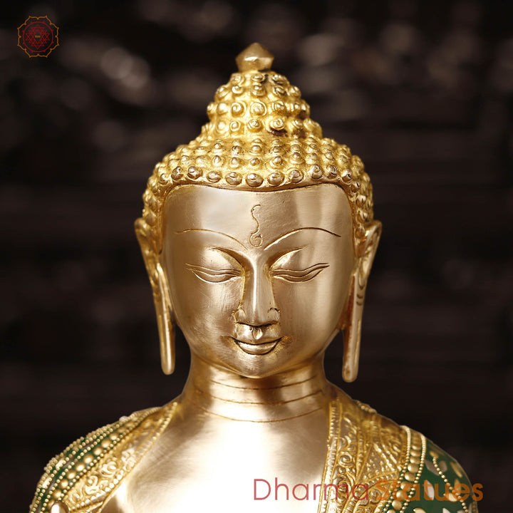 Brass Buddha Statue, seated, fine Golden and stone work 15"