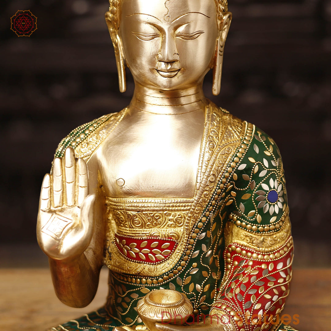 Brass Buddha Statue, seated, fine Golden and stone work 15"