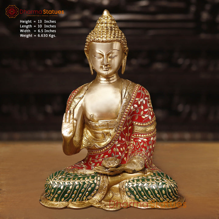 Brass Buddha Idol, Seated in Blessing Posture, Golden and Stone Work 13" Front View