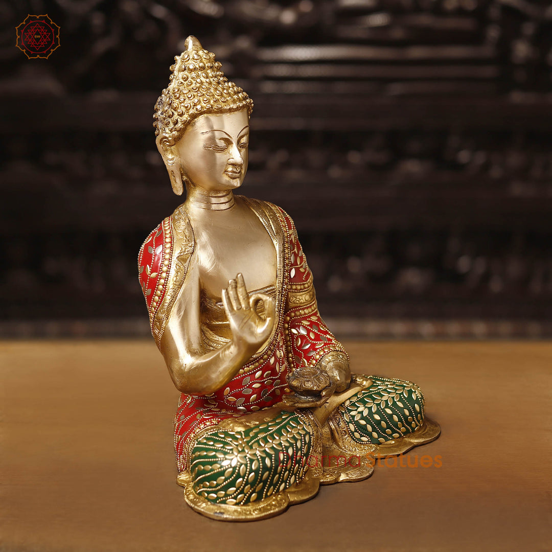 Brass Buddha Idol, Seated in Blessing Posture, Golden and Stone Work 13"