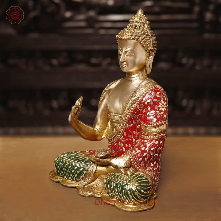 Brass Buddha Idol, Seated in Blessing Posture, Golden and Stone Work 13"