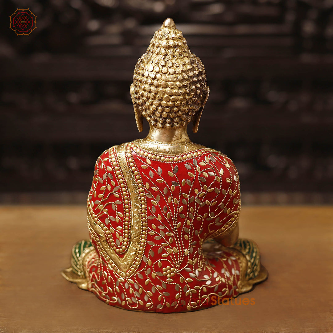 Brass Buddha Idol, Seated in Blessing Posture, Golden and Stone Work 13"