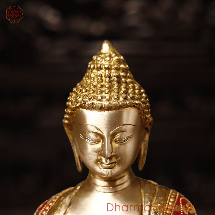 Brass Buddha Idol, Seated in Blessing Posture, Golden and Stone Work 13"