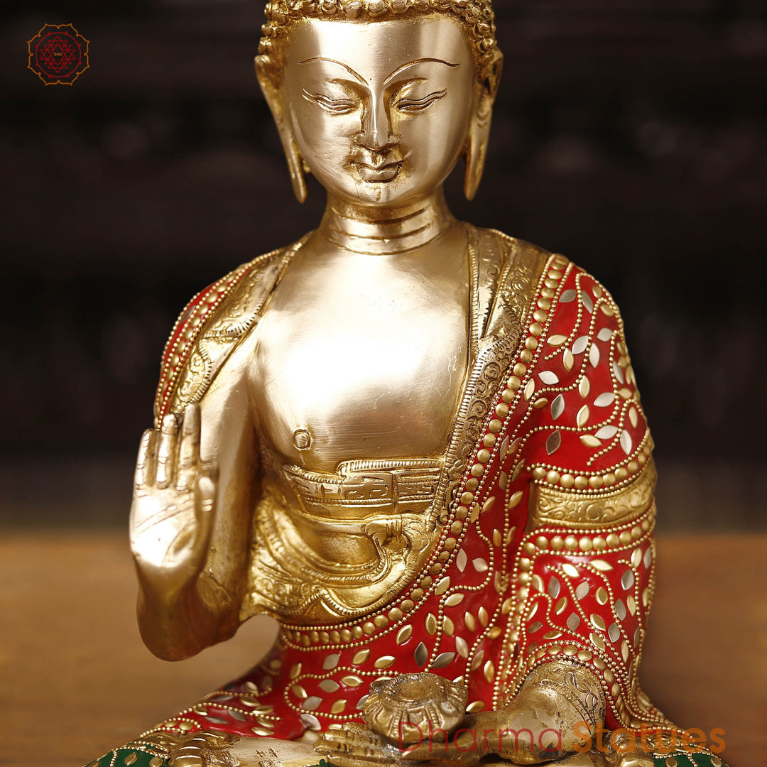 Brass Buddha Idol, Seated in Blessing Posture, Golden and Stone Work 13"