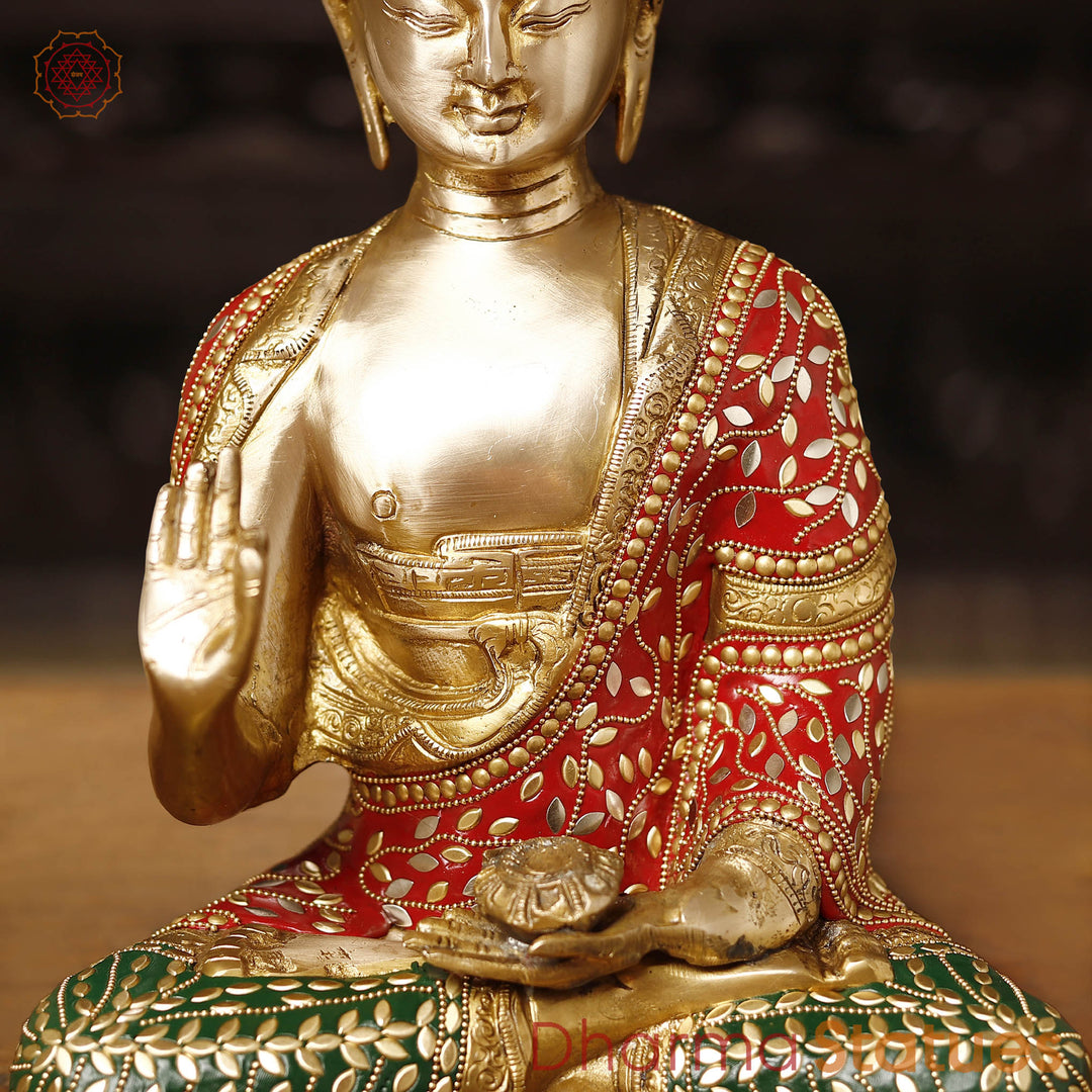 Brass Buddha Idol, Seated in Blessing Posture, Golden and Stone Work 13"