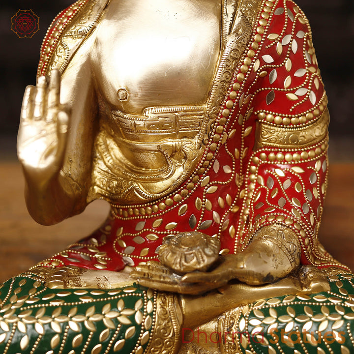 Brass Buddha Idol, Seated in Blessing Posture, Golden and Stone Work 13"