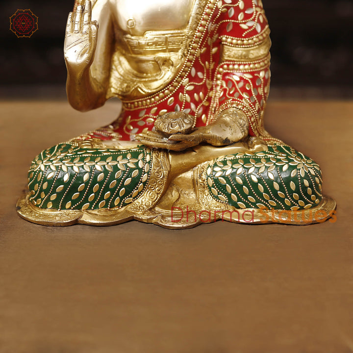 Brass Buddha Idol, Seated in Blessing Posture, Golden and Stone Work 13"