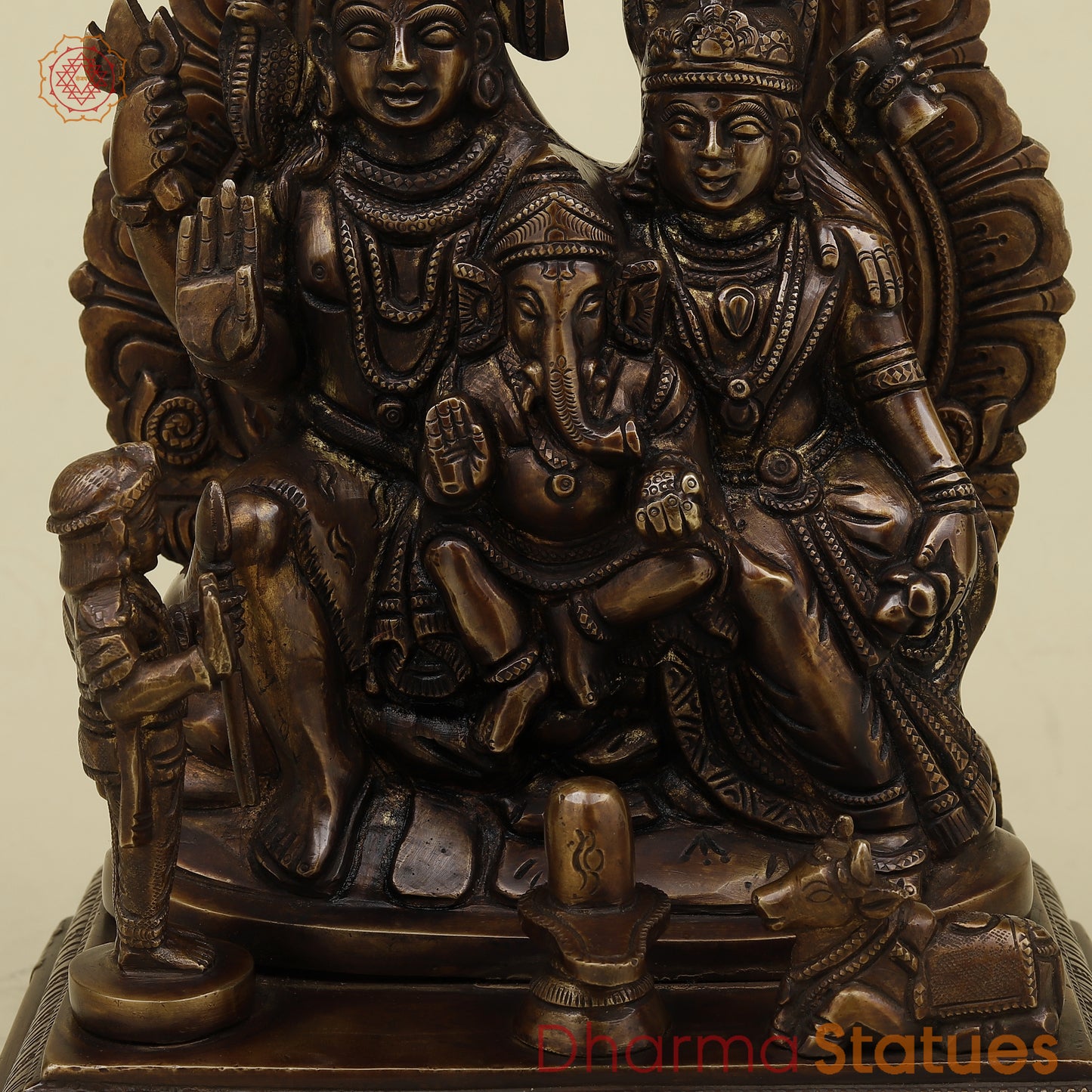 Brass Shiva Parivar Pedestal Sculpture, Copper Finish, 12"