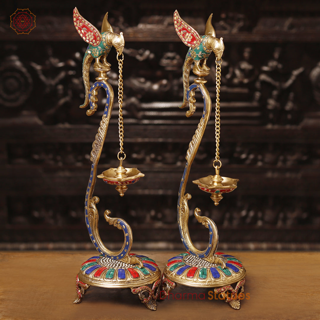 Brass Parrot Lamp, Brass Diya Pair With Stone Detailing 24"