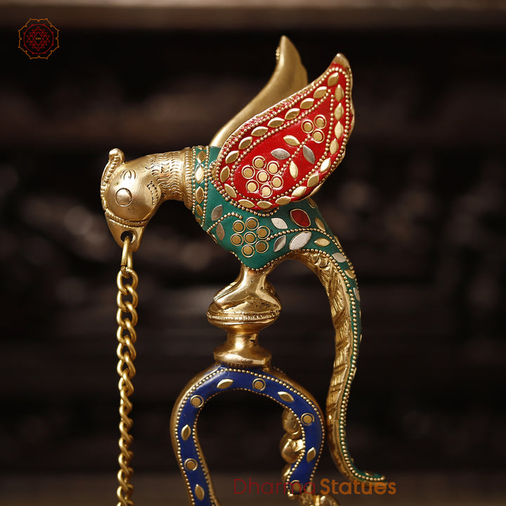 Brass Parrot Lamp, Brass Diya Pair With Stone Detailing 24"