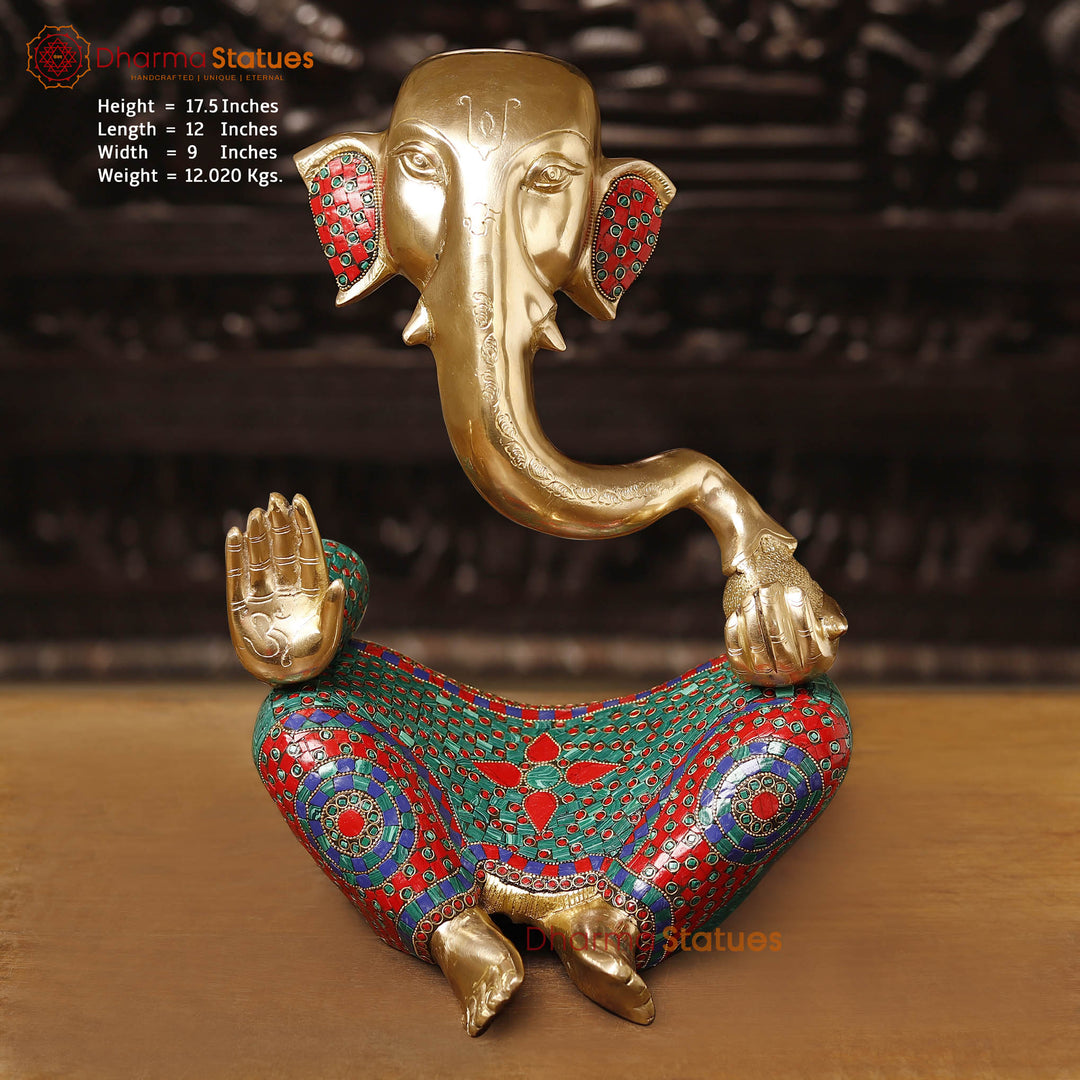 Brass Modern Ganesh Seated With Stone Work 17.5" Front View