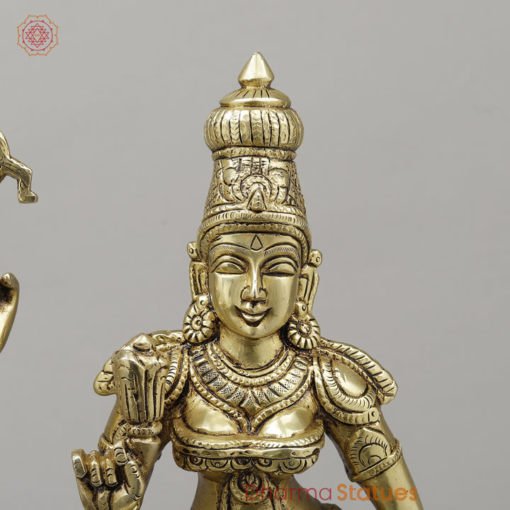 Brass Shiva & Parvati Standing on Pedestal, Fine Golden Finish, 18"