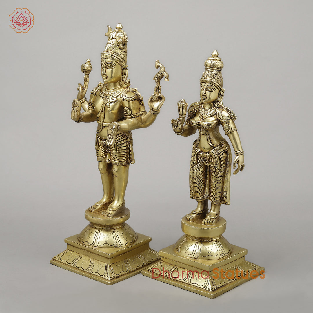 Brass Shiva & Parvati Standing on Pedestal, Fine Golden Finish, 18"