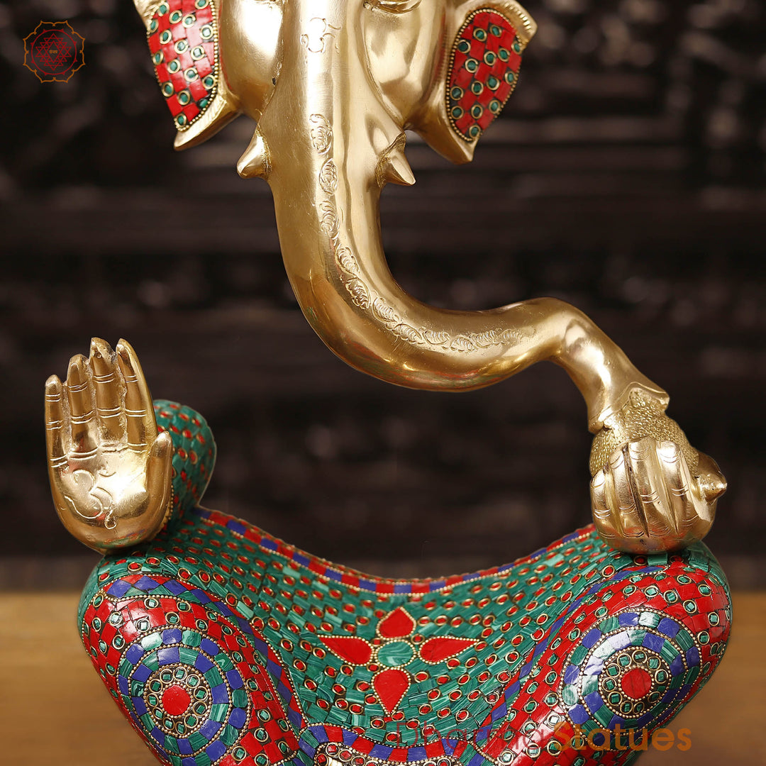 Brass Modern Ganesh Seated With Stone Work 17.5"