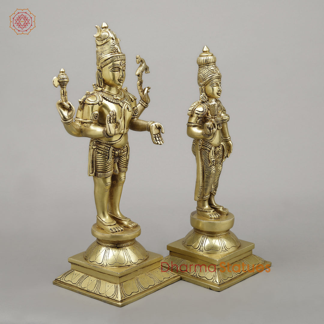 Brass Shiva & Parvati Standing on Pedestal, Fine Golden Finish, 18"