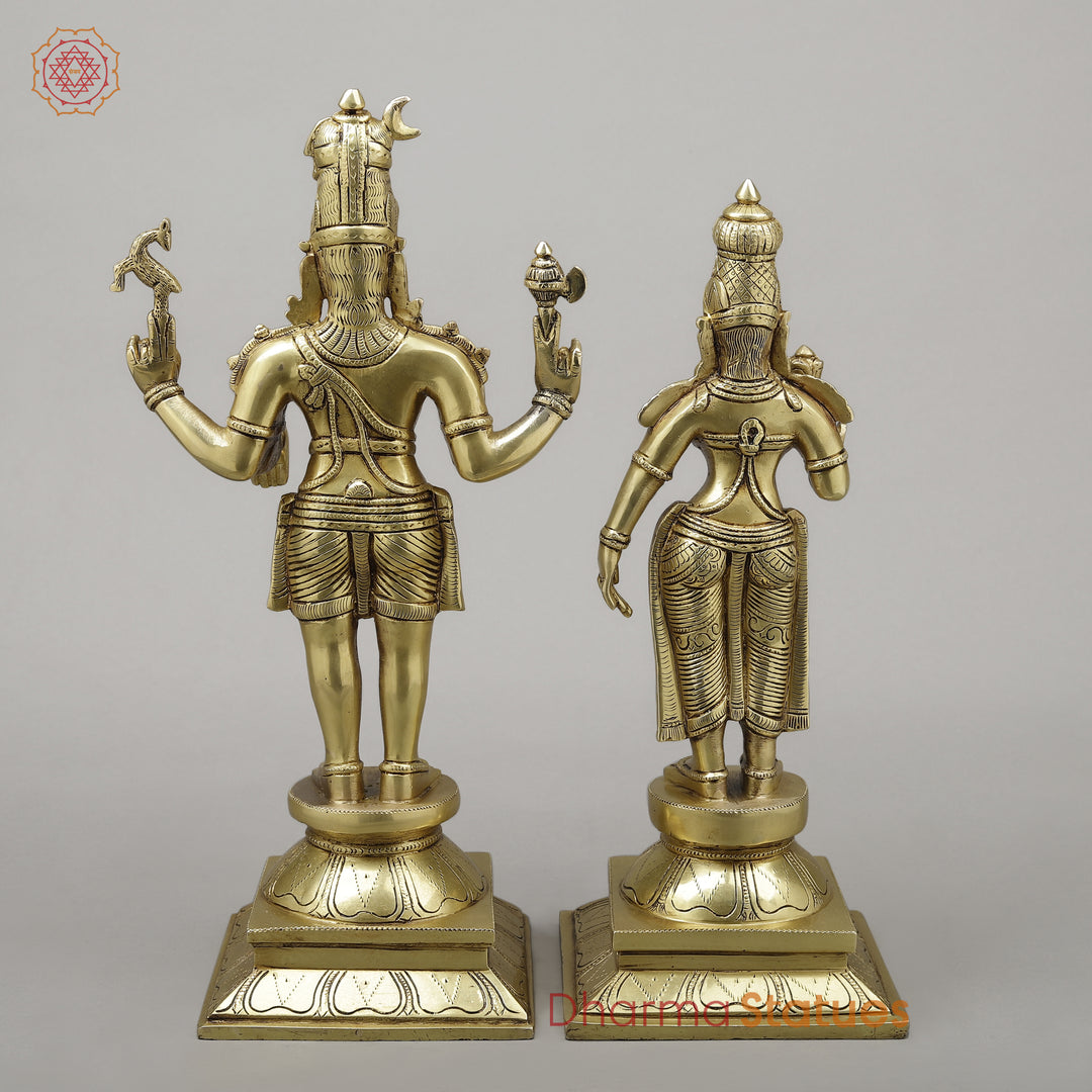 Brass Shiva & Parvati Standing on Pedestal, Fine Golden Finish, 18"