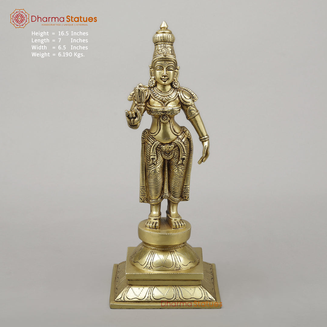 Brass Parvati Standing on Pedestal, Fine Golden Finish, 16.5"