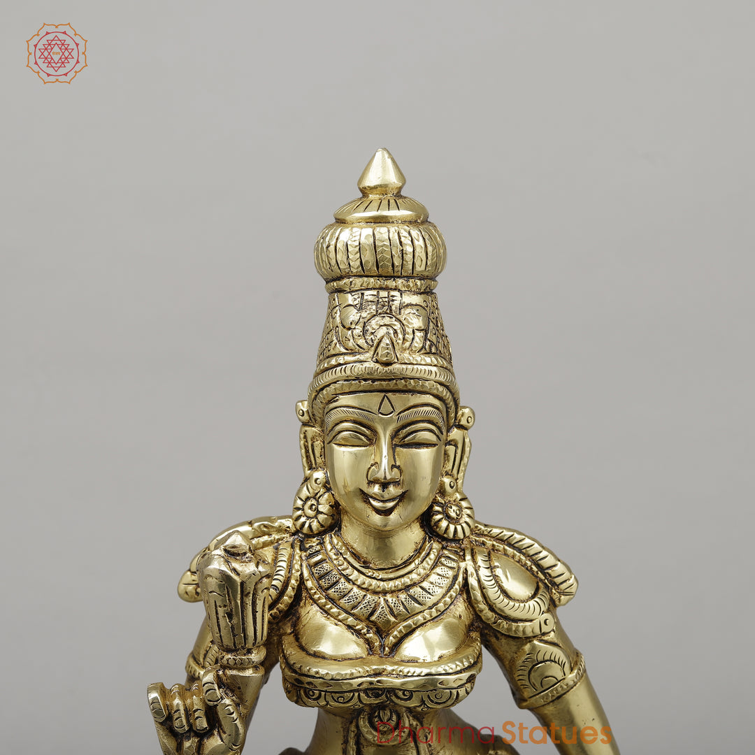 Brass Parvati Standing on Pedestal, Fine Golden Finish, 16.5"