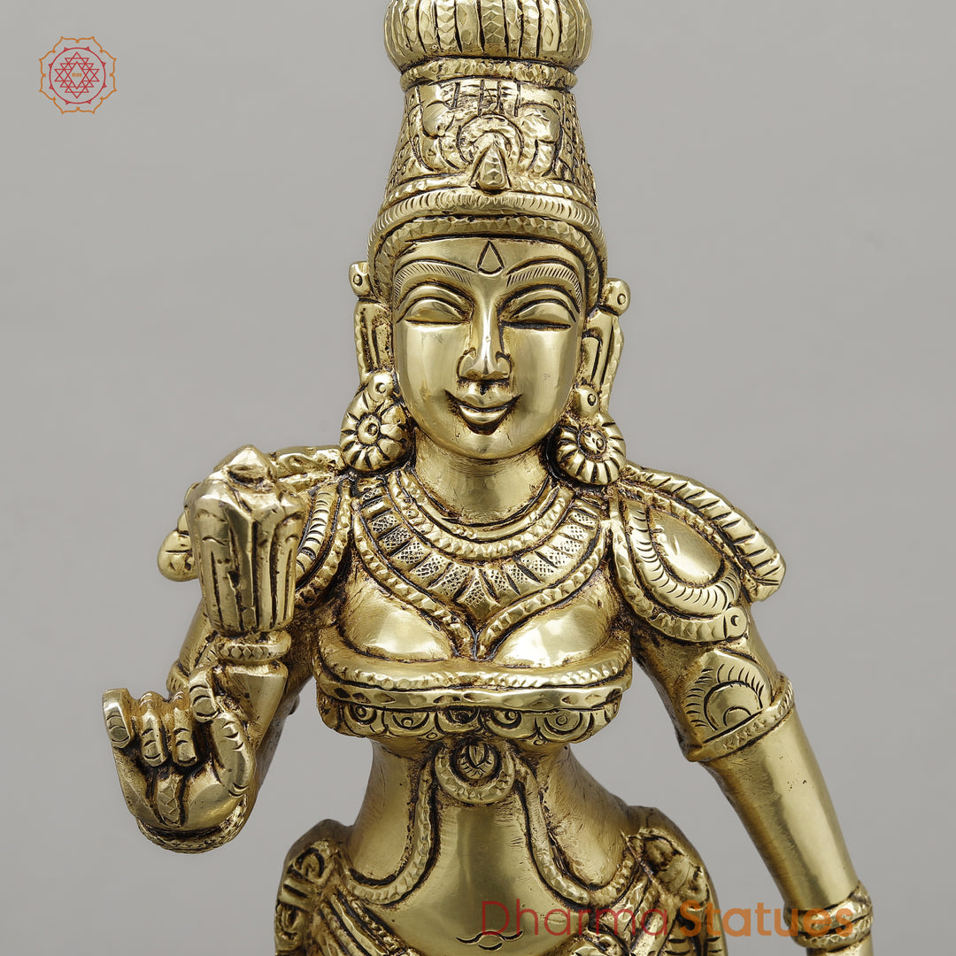 Brass Parvati Standing on Pedestal, Fine Golden Finish, 16.5"