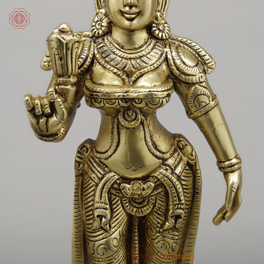 Brass Parvati Standing on Pedestal, Fine Golden Finish, 16.5"