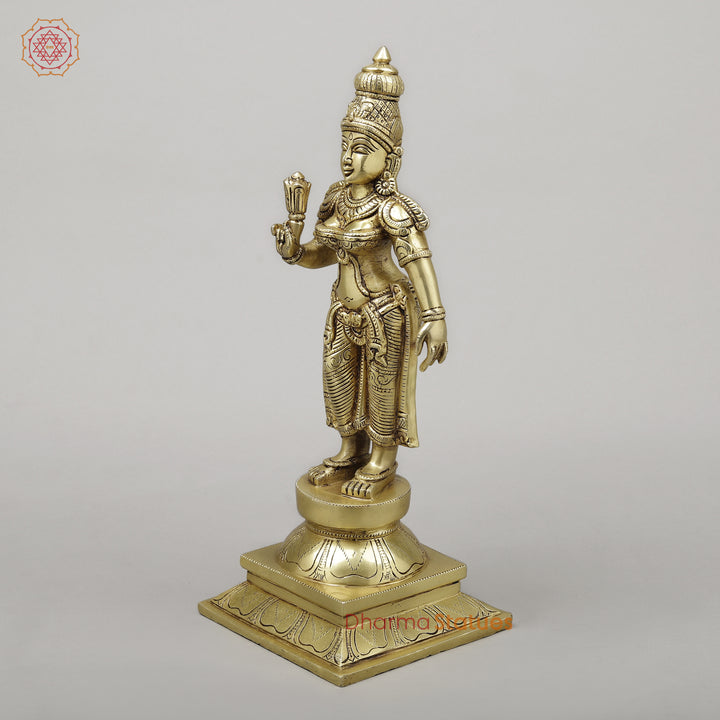 Brass Parvati Standing on Pedestal, Fine Golden Finish, 16.5"