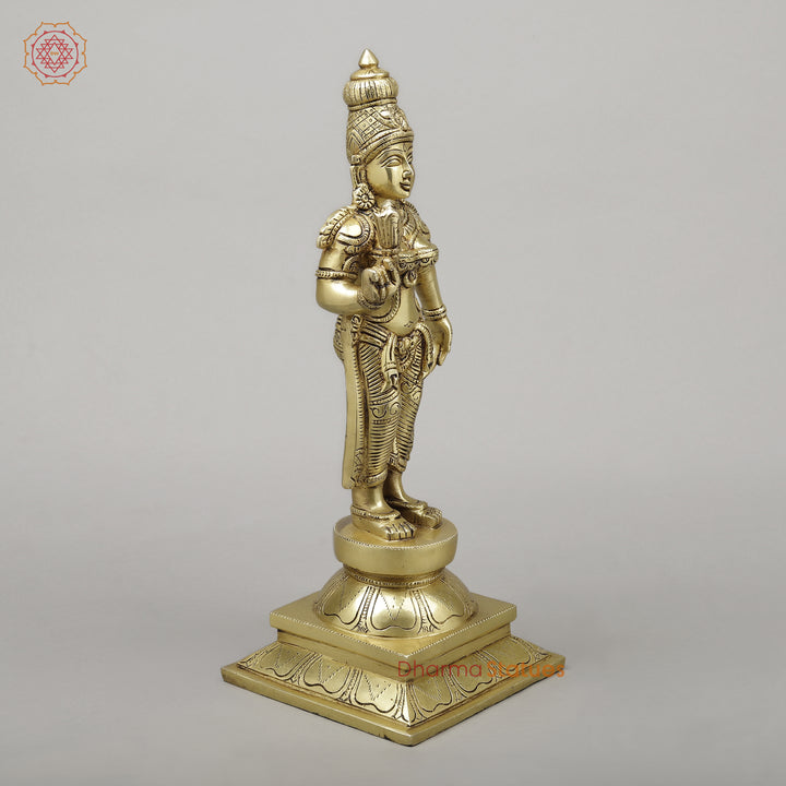 Brass Parvati Standing on Pedestal, Fine Golden Finish, 16.5"