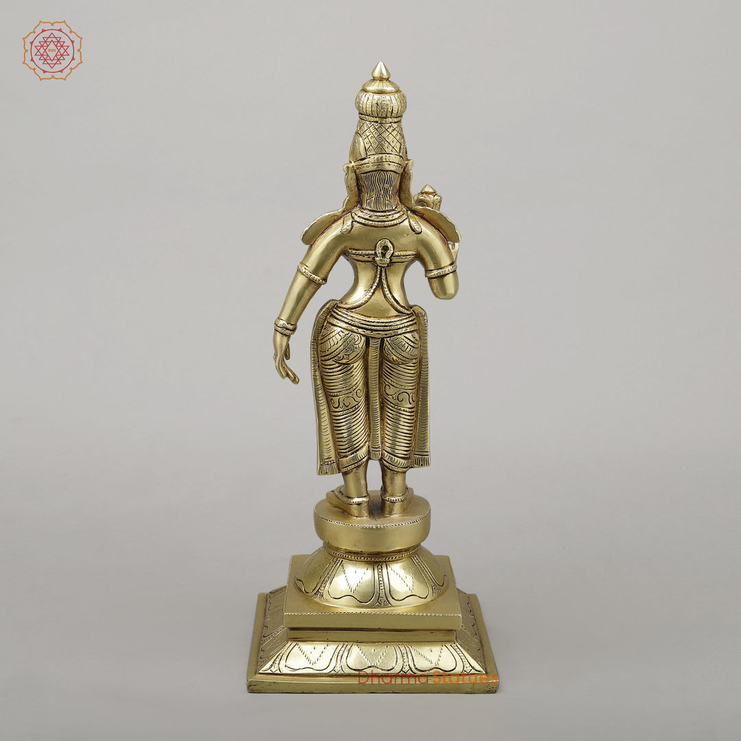 Brass Parvati Standing on Pedestal, Fine Golden Finish, 16.5"