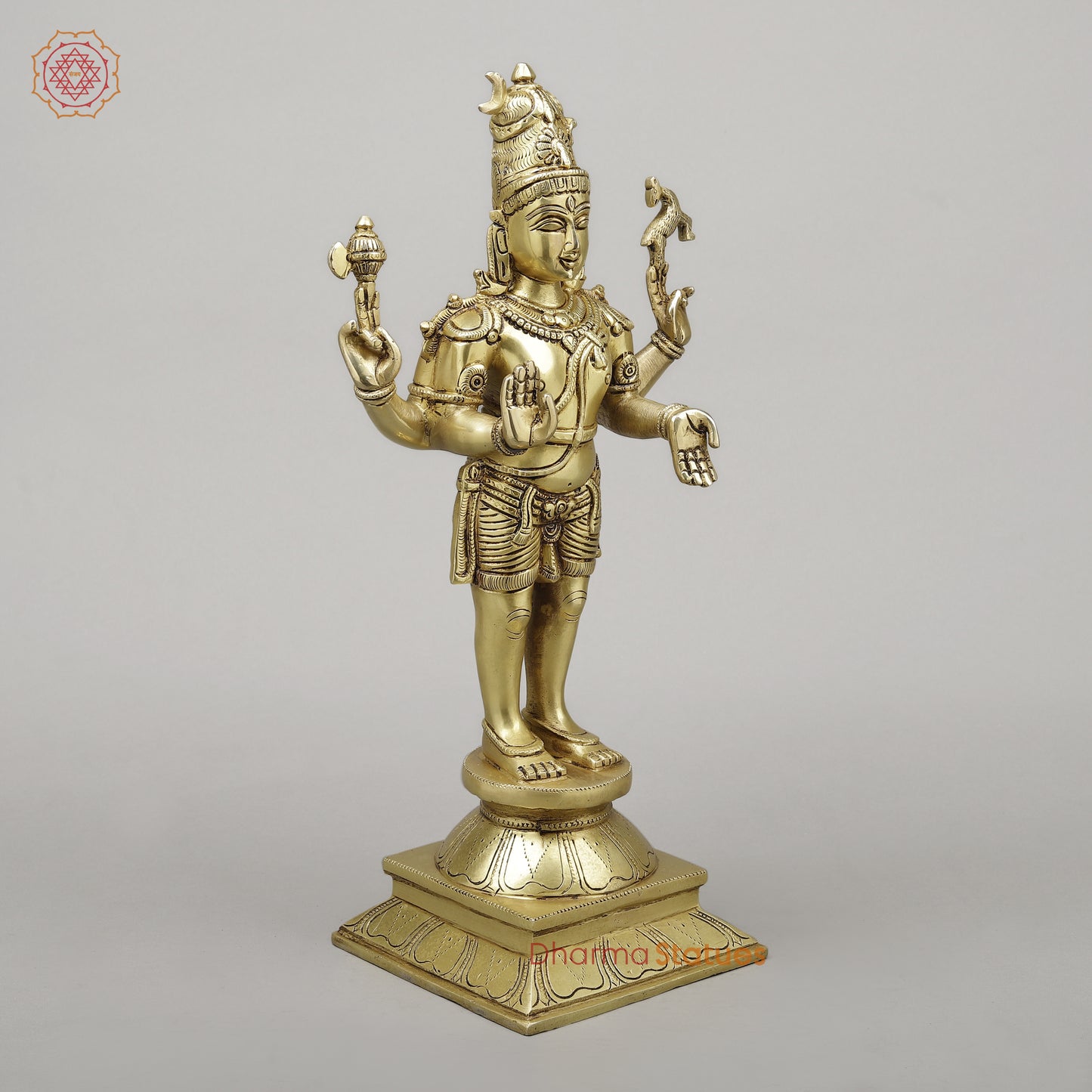 Brass Shiva Standing on Pedestal, Fine Golden Finish, 18"