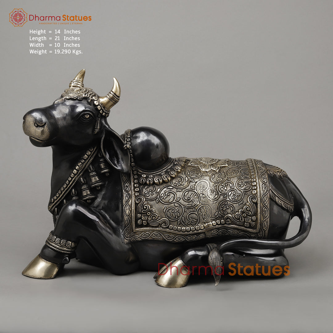 Brass Nandi Seated, A Sacred Icon of Lord Shiva's Loyalty, Black Finish with Golden Accent, 14"