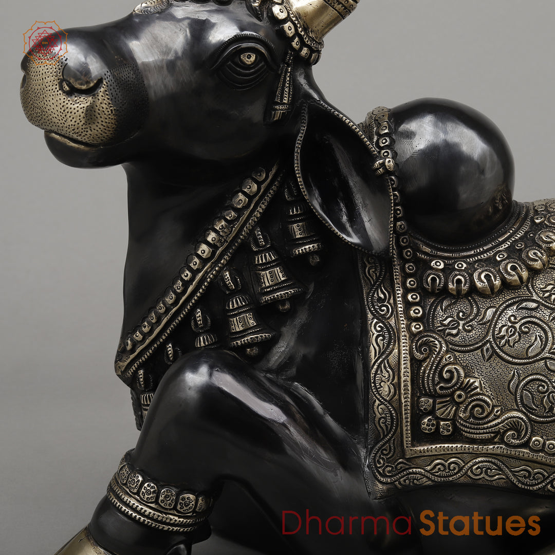 Brass Nandi Seated, A Sacred Icon of Lord Shiva's Loyalty, Black Finish with Golden Accent, 14"