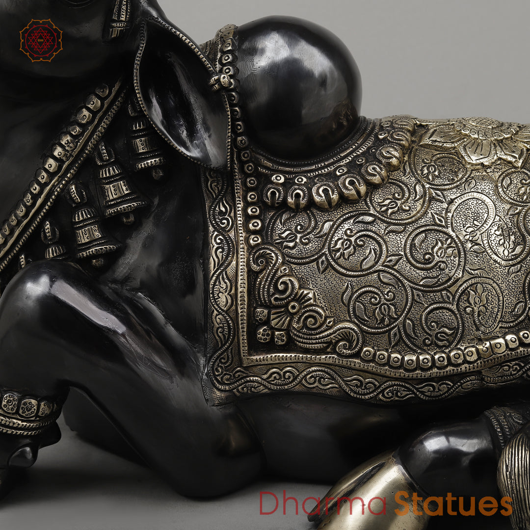 Brass Nandi Seated, A Sacred Icon of Lord Shiva's Loyalty, Black Finish with Golden Accent, 14"