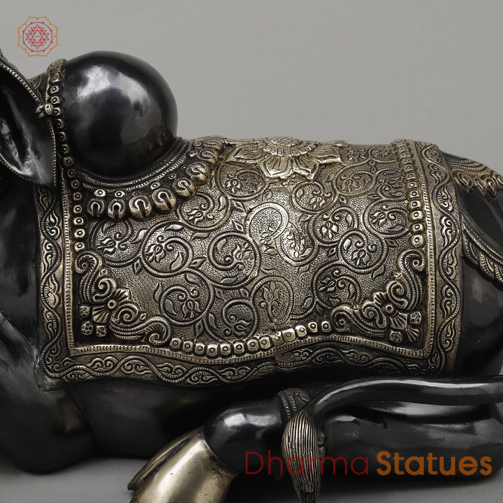 Brass Nandi Seated, A Sacred Icon of Lord Shiva's Loyalty, Black Finish with Golden Accent, 14"