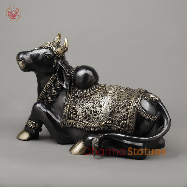 Brass Nandi Seated, A Sacred Icon of Lord Shiva's Loyalty, Black Finish with Golden Accent, 14"