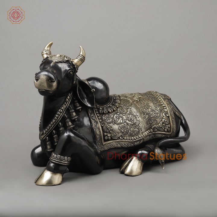 Brass Nandi Seated, A Sacred Icon of Lord Shiva's Loyalty, Black Finish with Golden Accent, 14"