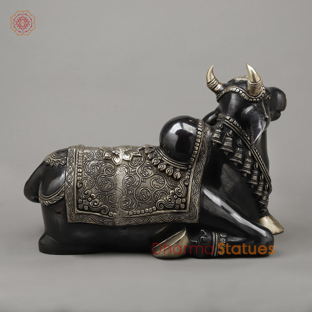 Brass Nandi Seated, A Sacred Icon of Lord Shiva's Loyalty, Black Finish with Golden Accent, 14"