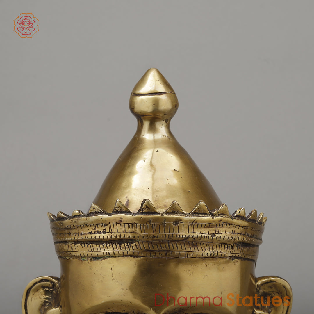 Brass Shiva Head Mukhlingam With Crown, Butter Gold Finish, 14"