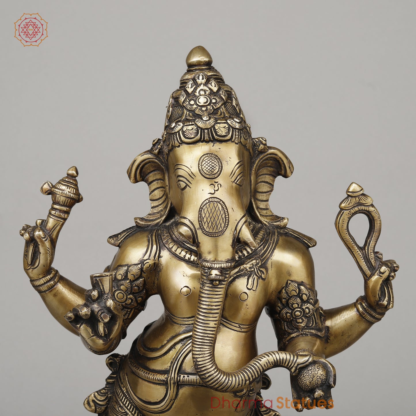 Brass Chaturbhuja Ganesha Standing, Fine Golden Finish, 19.5"