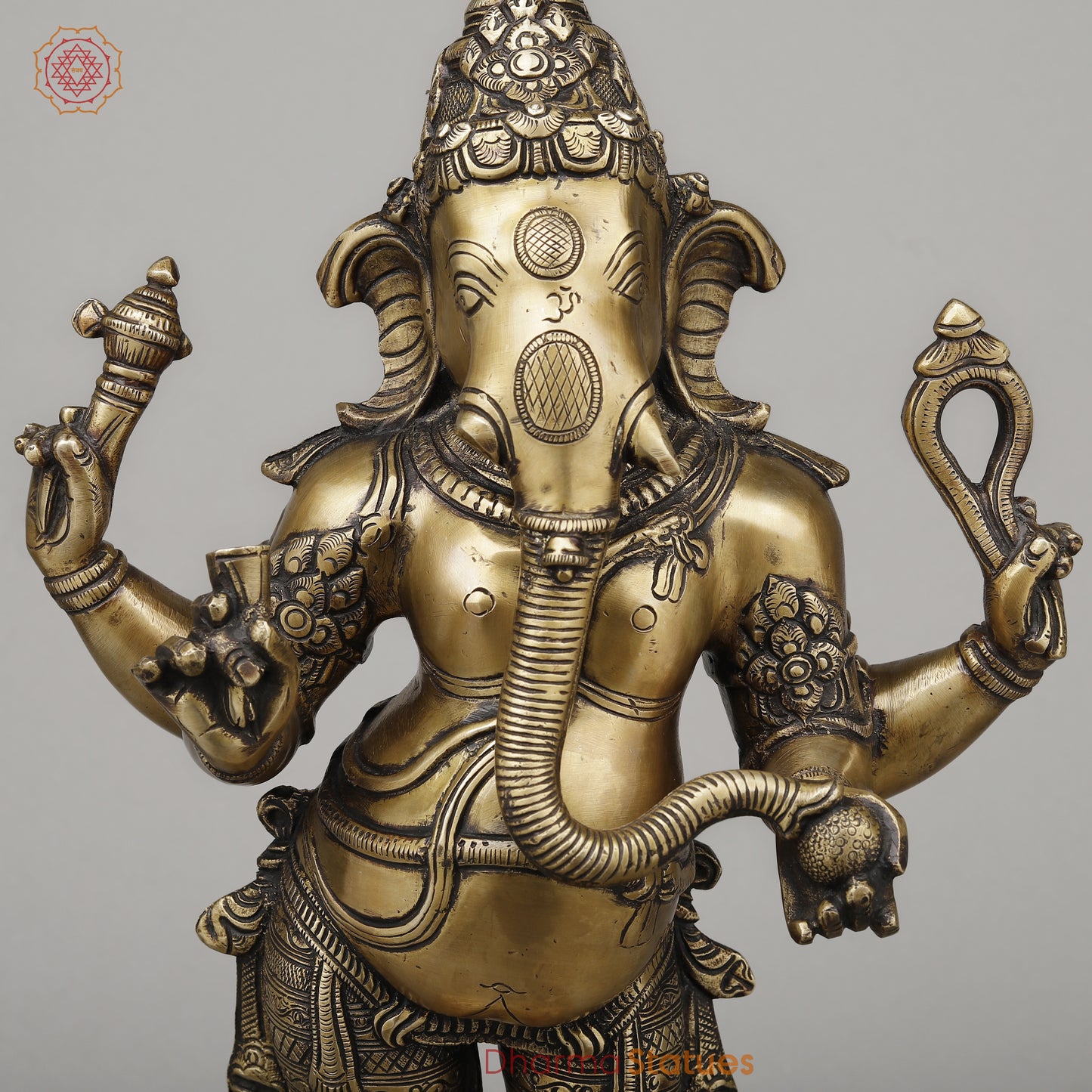 Brass Chaturbhuja Ganesha Standing, Fine Golden Finish, 19.5"