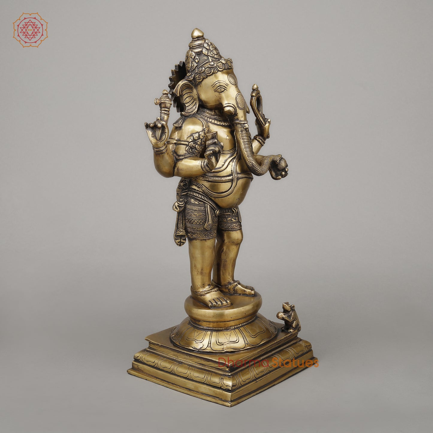 Brass Chaturbhuja Ganesha Standing, Fine Golden Finish, 19.5"